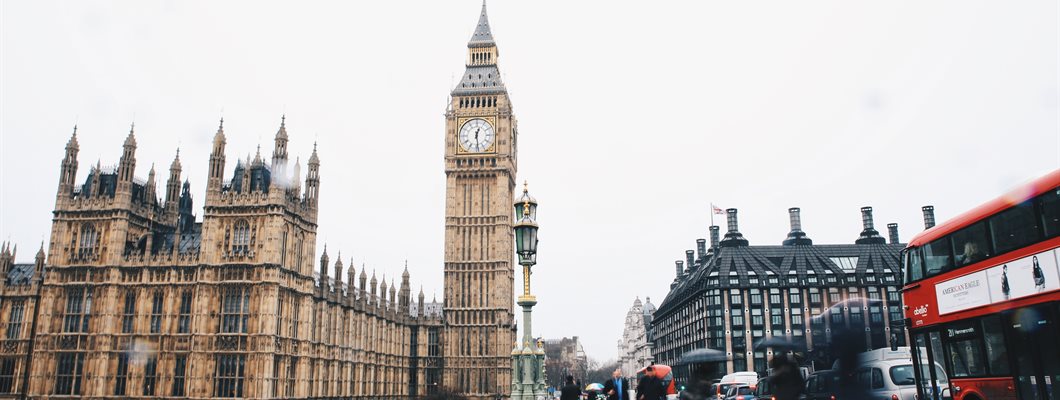 A photo of the Houses of Parliament and Big Ben in London on a rainy day.